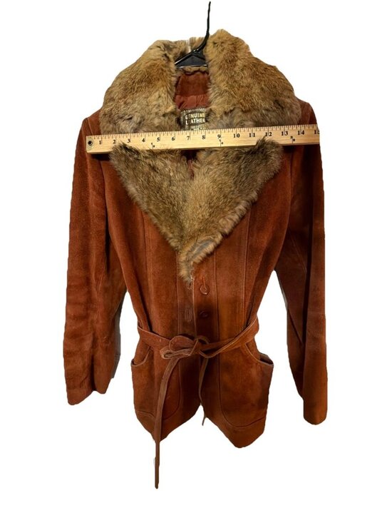 Genuine Suede Leather Fur Collared Coat with Belt Women's Size 7/8 - Picture 7 of 8